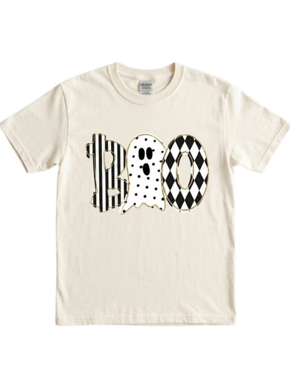 Gildan Cream 'BOO' Graphic Tee with Black Patterns